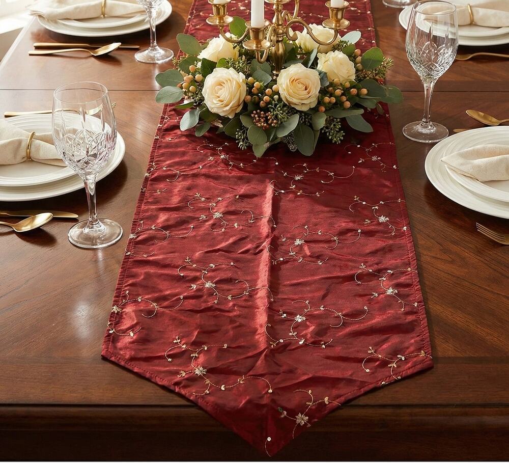 Holiday Christmas Red Shiny Table Runner 28" x 64" Floral Embroidered